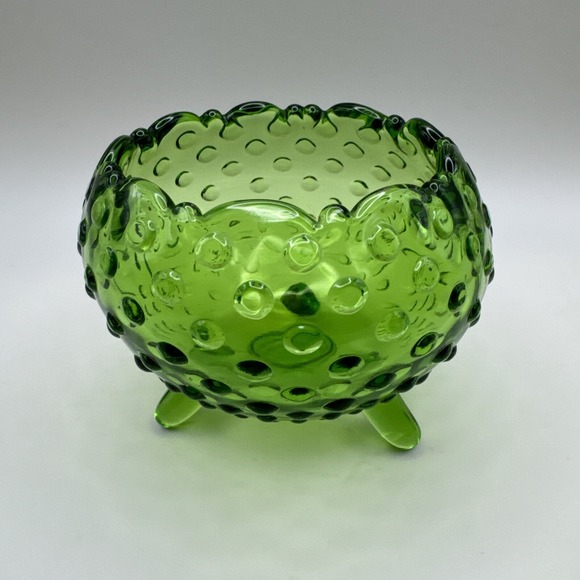 Vintage Mid Century LE Smith Glass Green Hobnail Rose Bowl Dish Vase 3 Footed‎ - Picture 2 of 6